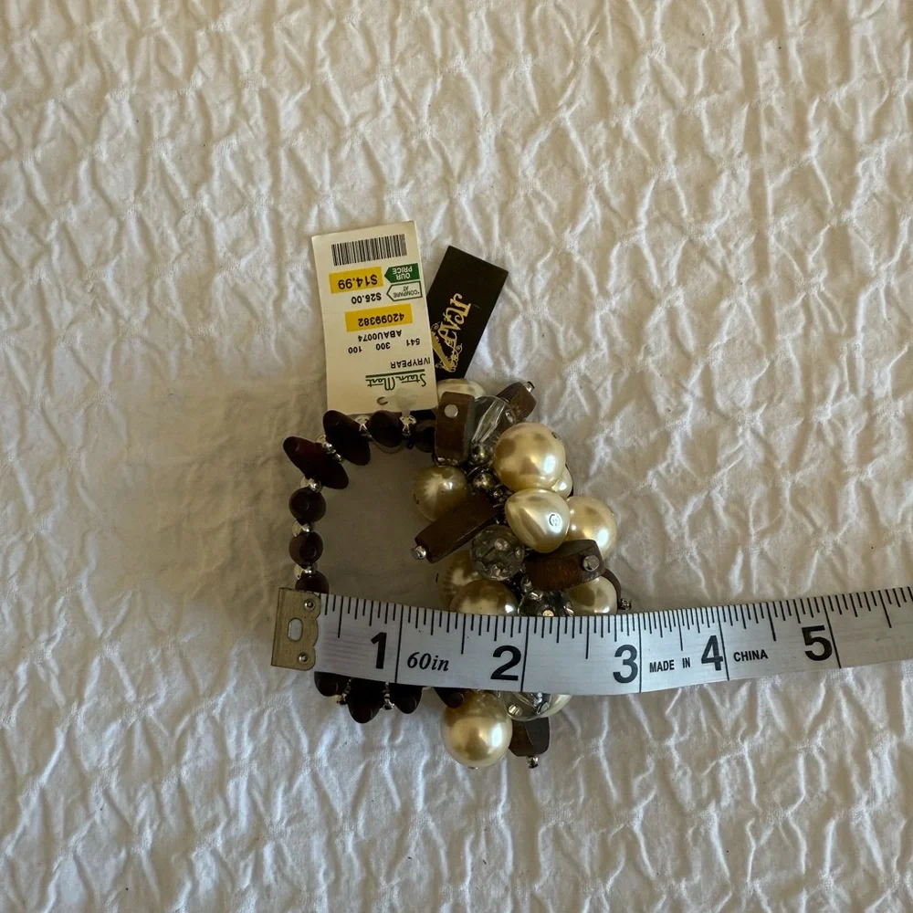 Statement Pearl & Wood Beaded Stretch Bracelet – New with Tags - Picture 9 of 9